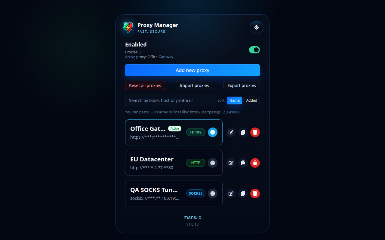 Список прокси-профилей Proxy Manager